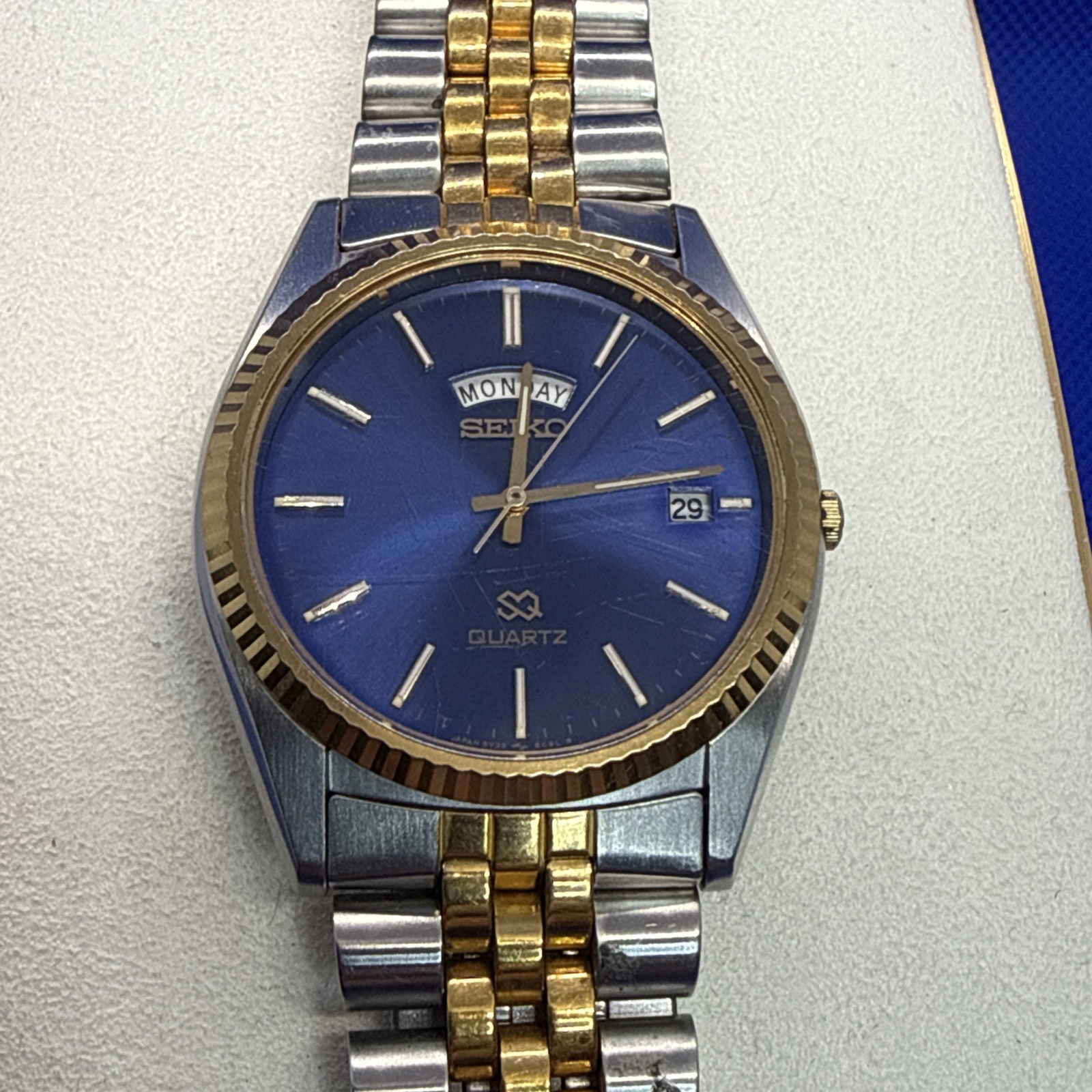 Vintage Seiko Sq President Fluted Bezel Watch 36mm Blue Dial Two Tone Daydate